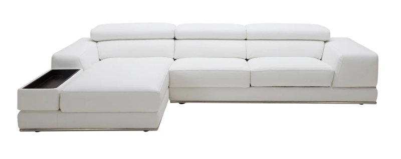 Sectional Sofa with Built-In Side Tray and Polished Metallic Base Trim