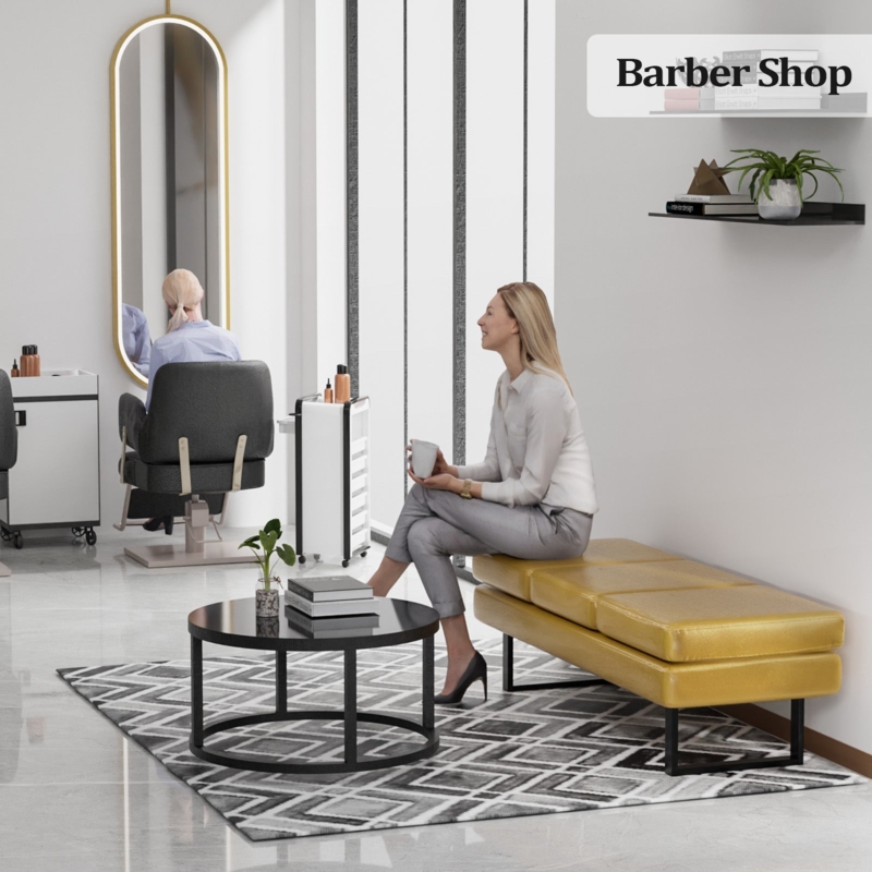 Segmented Bench Mustard Yellow Cushion Open Metal Base Modern Salon