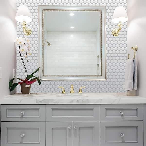 Self Adhesive Shelf Liner with White Penny Tile Pattern Texture