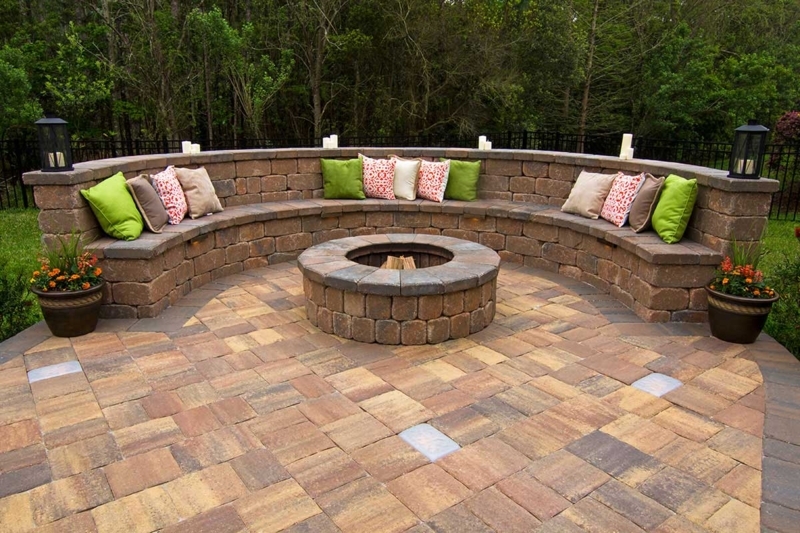 Semi-Circular Masonry Outdoor Bench & Integrated Fire Pit