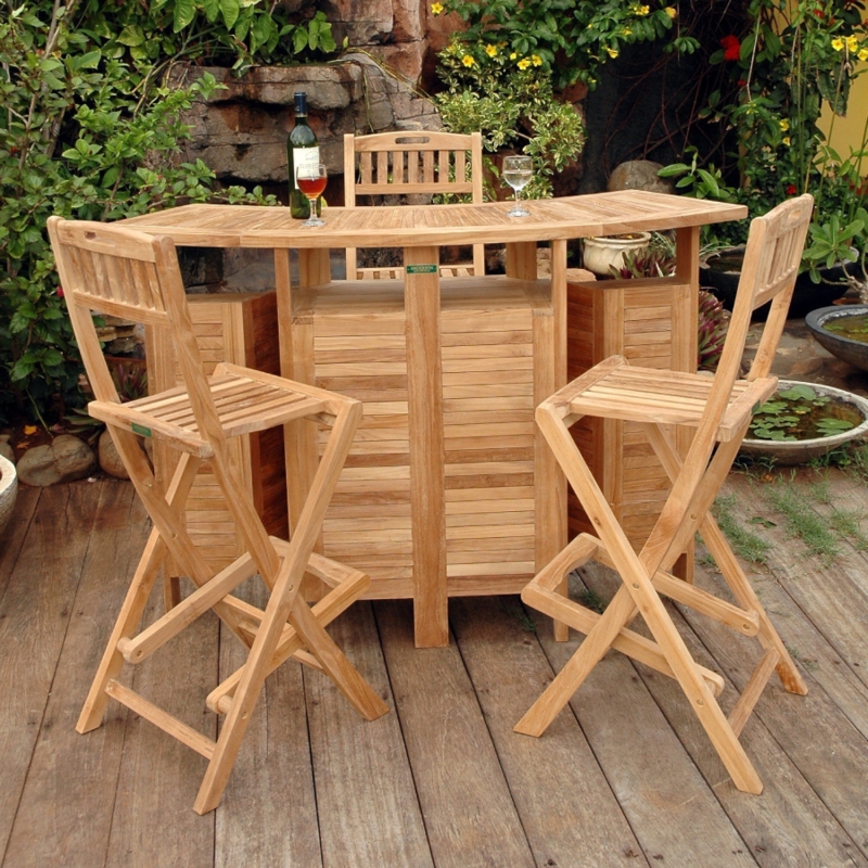 Semi-Circular Outdoor Bar Set with Folding Slatted Stools