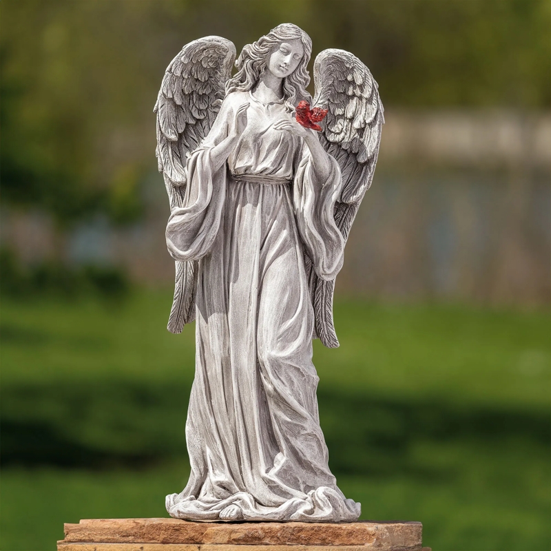 Serene Angel Garden Statue with Perched Red Cardinal