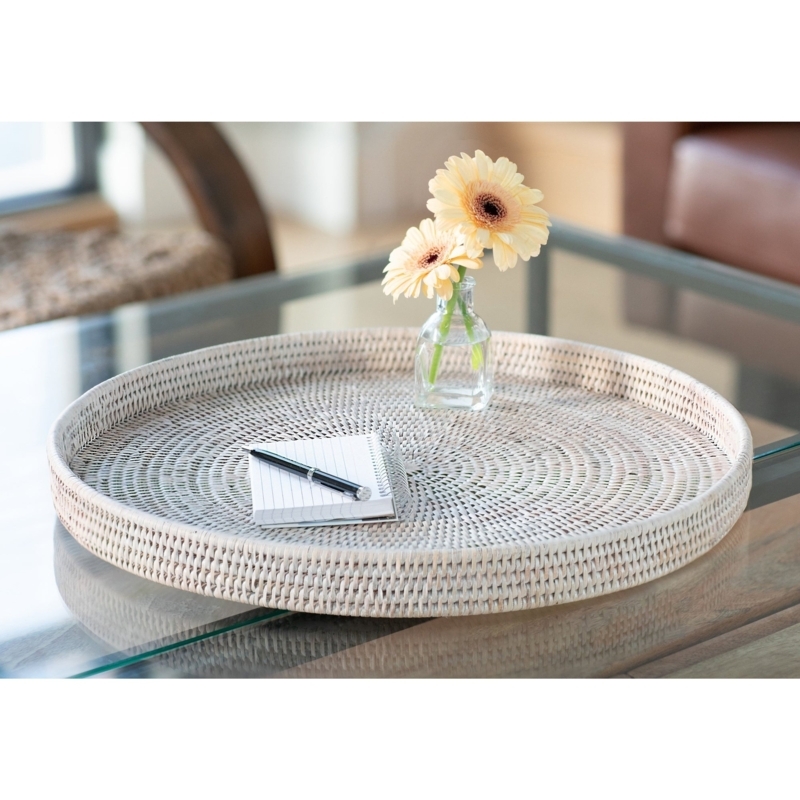 Serving Tray with Whitewashed Rattan Circular Weave and Low Rim