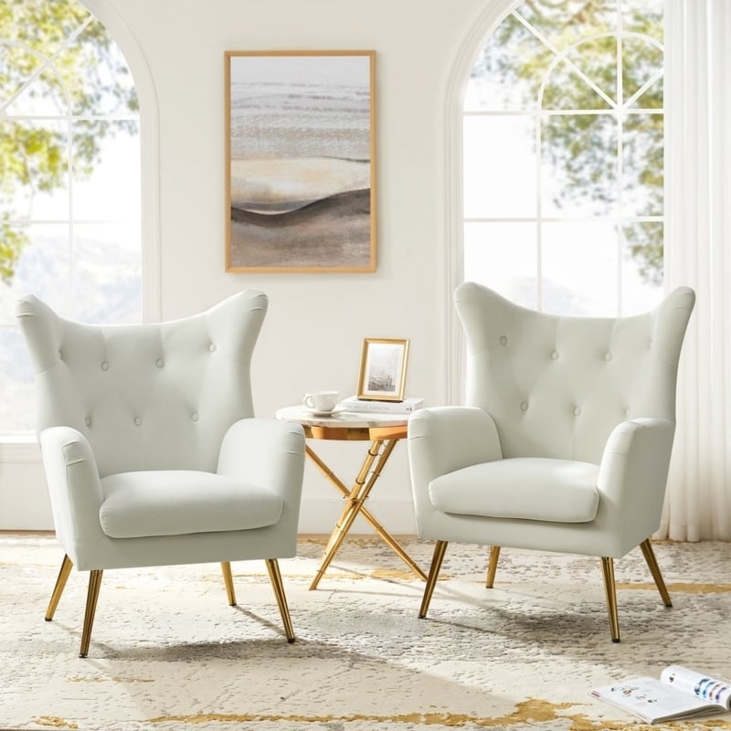 Set of 2 Off-White Velvet Wingback Chairs with Gold Tapered Legs