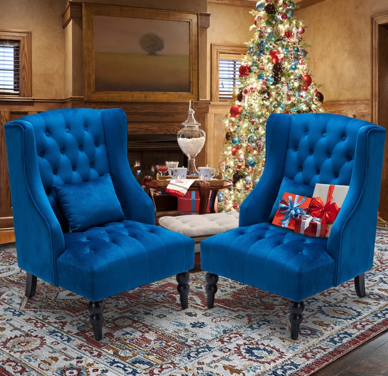 Set of 2 Sapphire Blue Velvet Wingback Chairs with Turned Wood Legs