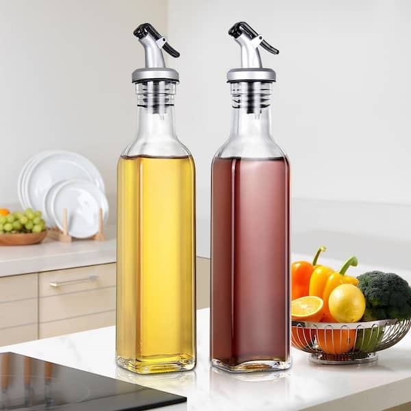 Set of 2 Slim Glass Oil Bottles with Lever-Action Pourers