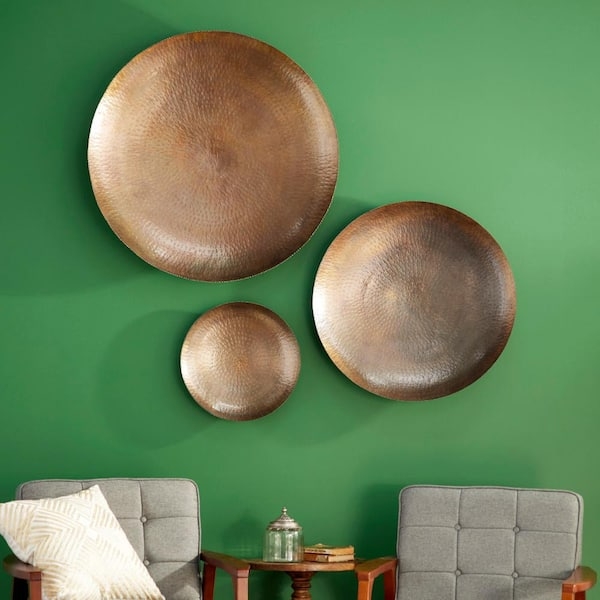 Set of 3 Wall Sculptures, Hammered Bronze Circular Design