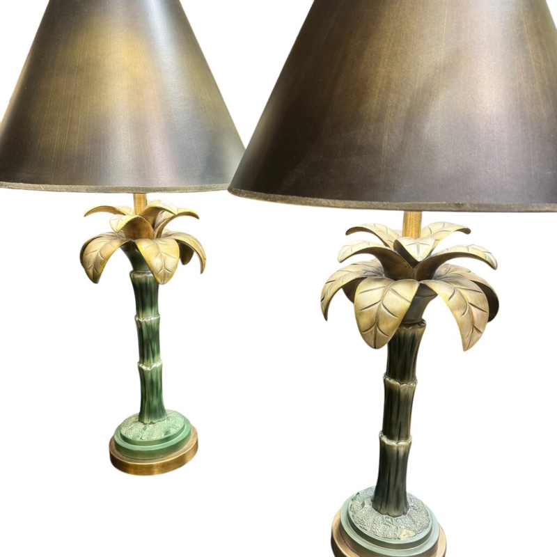 Set of Table Lamps, Forest Green and Antique Gold, Empire Shades, Tropical Glam.