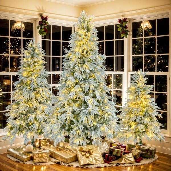 Set of Three Flocked Christmas Trees with Flashing LEDs