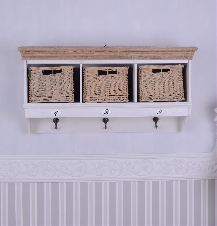 Shabby Chic Wall Shelf with Numbered Oval Plaques, Baskets, and Hooks