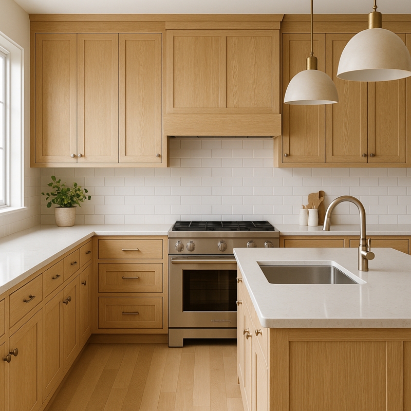 Shaker Kitchen Cabinetry with Gold Gooseneck Faucet and Dome Pendants