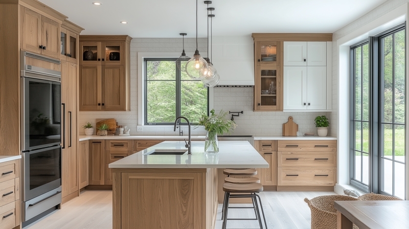 Shaker Style Cabinetry with Glass Globe Pendants