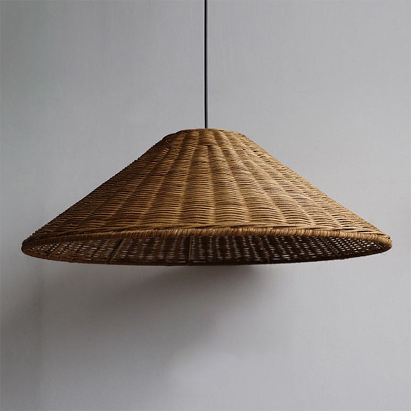 Shallow Tapered Pendant Light Woven Rattan Wabi-Sabi Minimalist Wide Brim