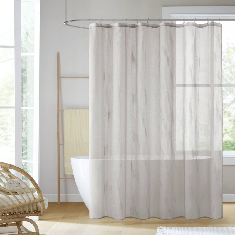 Sheer Grey Shower Curtain, Vertical Stripes, Airy Minimalist Spa Style.