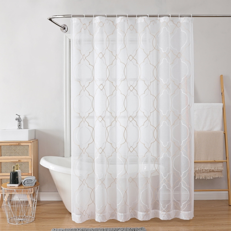 Sheer Ogee Shower Curtain, Warm Beige Geometric Embroidery, Transitional.