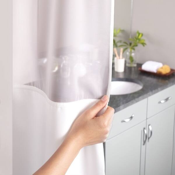 Sheer Top Shower Curtain, Hookless Rings, Integrated Liner, Minimalist.