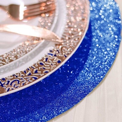 Shimmering Round Chargers Glitter Texture Royal Blue Layered