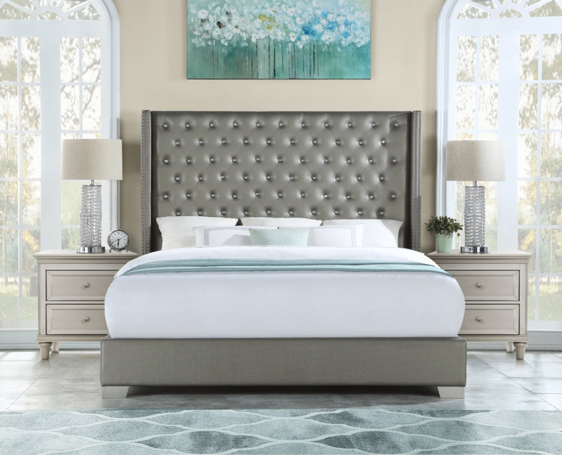 Shimmering Upholstered King Bed: Wingback with Crystal Button Tufting