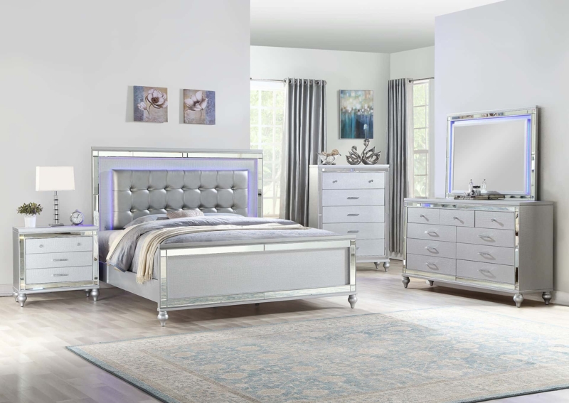 Shimmery Silver Bedroom Set with LED Lighting & Mirrored Trim