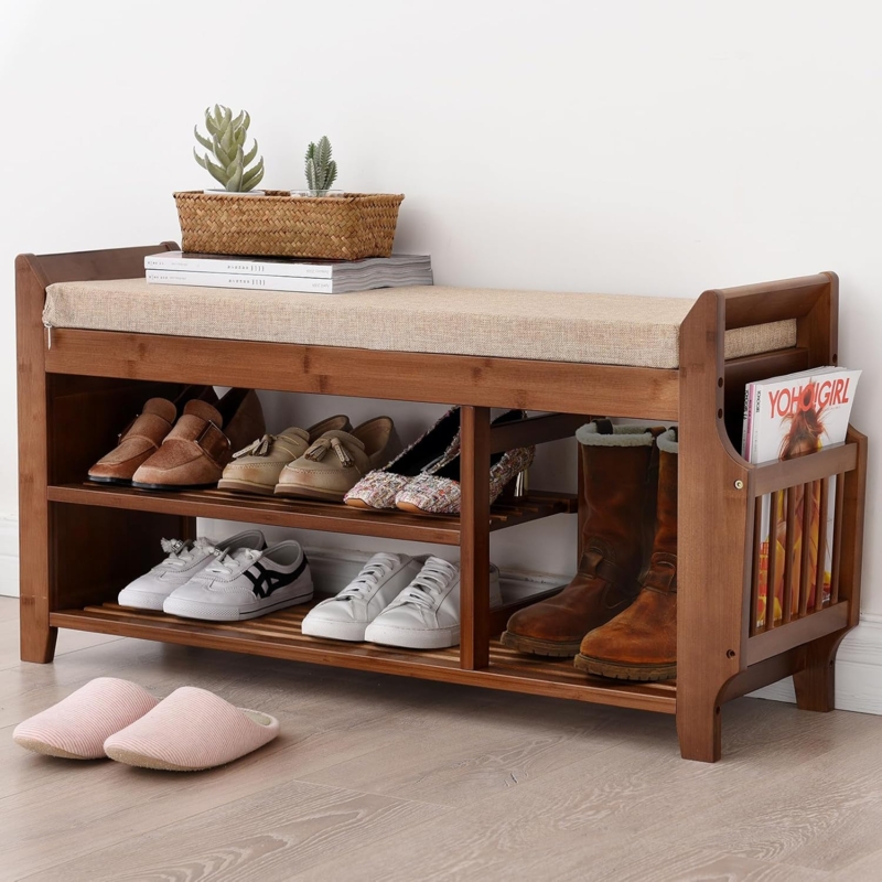 Shoe Bench Bamboo Honey Brown Side Magazine Holder Slat Detail Entryway