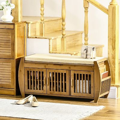 Shoe Bench Bamboo Slatted Doors Honey Brown Padded Seat Entryway Storage