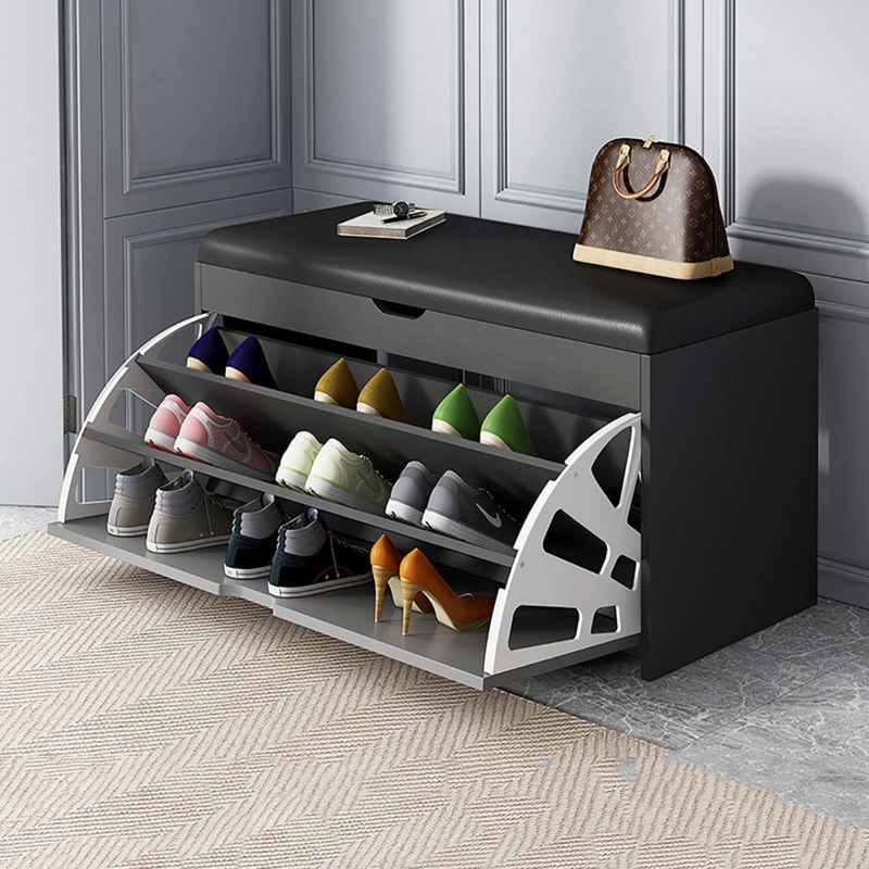 Shoe Bench Flip Down Drawer Geometric Side Panels Charcoal Entryway