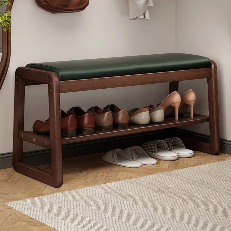 Shoe Bench Walnut Wood Forest Green Seat Rounded Frame Mid Century