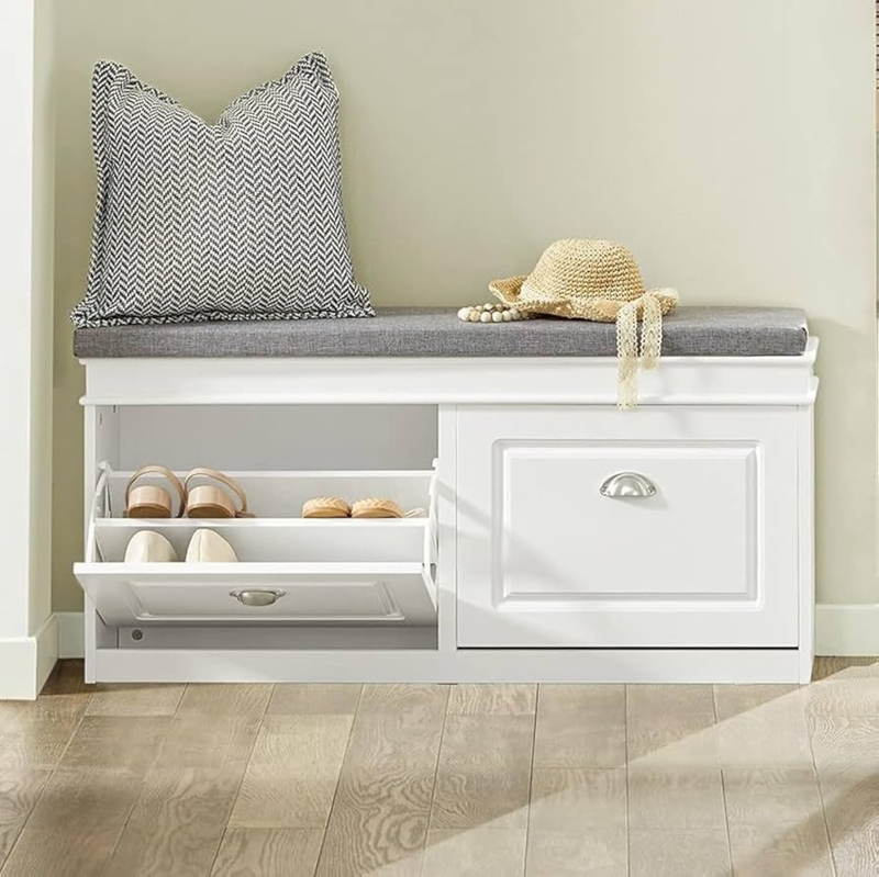 Shoe Bench White Flip Drawers Cup Pulls Recessed Panels Farmhouse Hallway