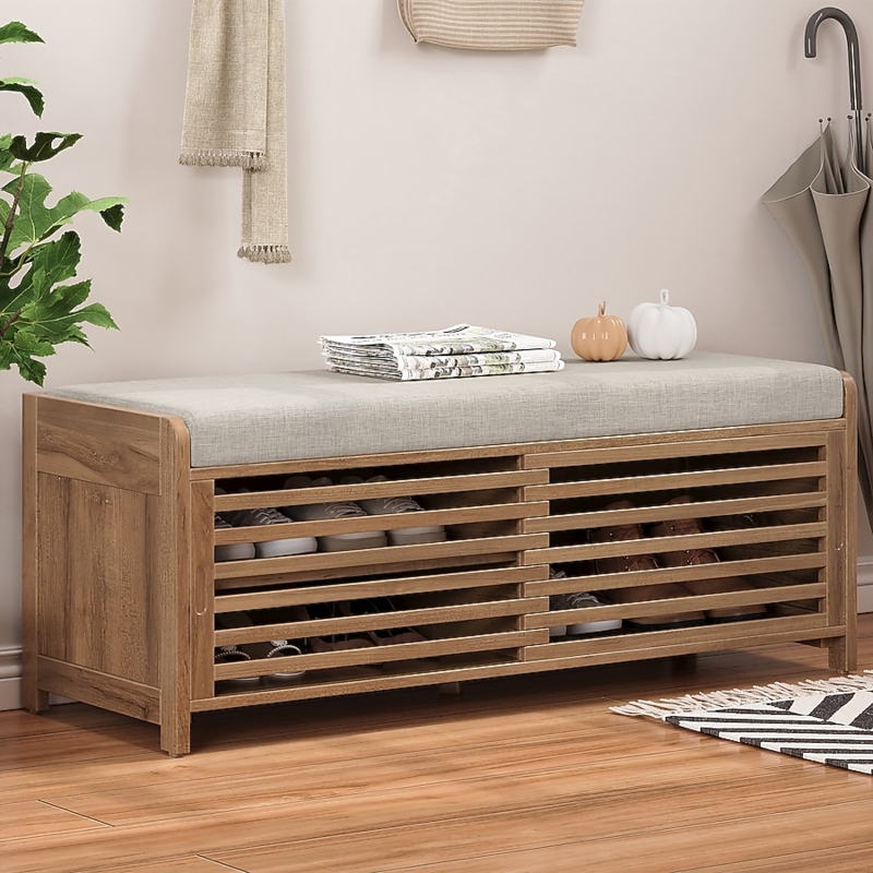 Shoe Bench: Wood Tone with Sliding Slatted Shutters