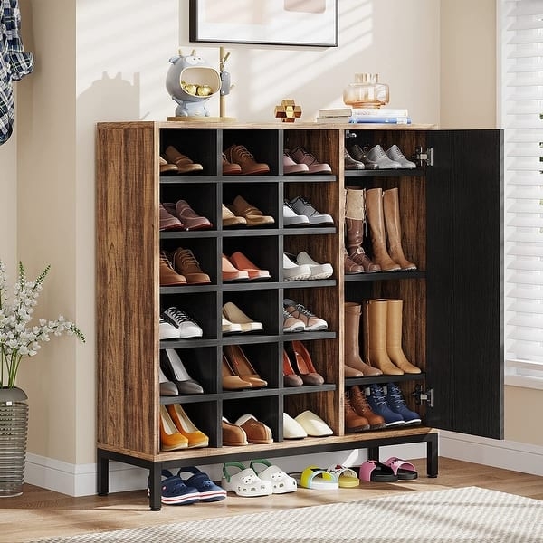 Shoe Cabinet 23 Cubbies Boot Storage Wood and Metal Base