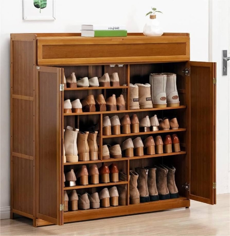 Shoe Cabinet Bamboo Bifold Doors Seven Tier Large Capacity Storage