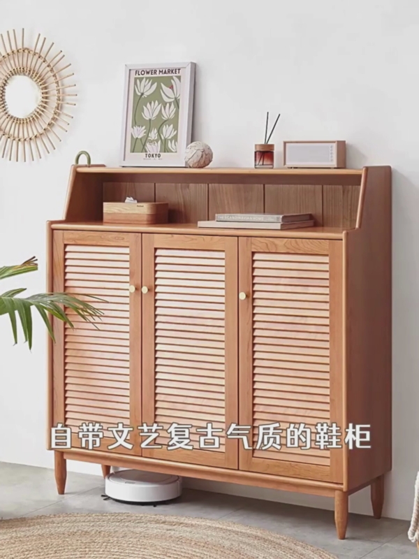 Shoe Cabinet Cherry Wood Shutter Doors Three Door Layout Retro