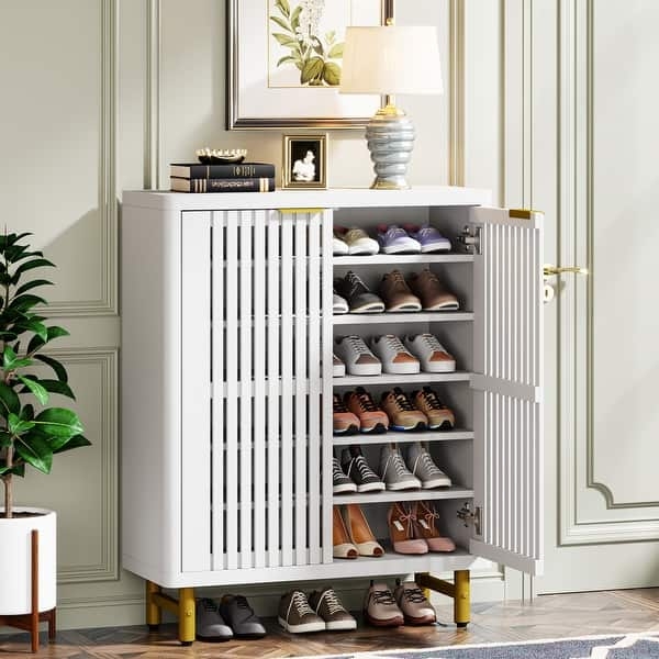 Shoe Cabinet Crisp White Louvered Doors Gold Tapered Legs Glam