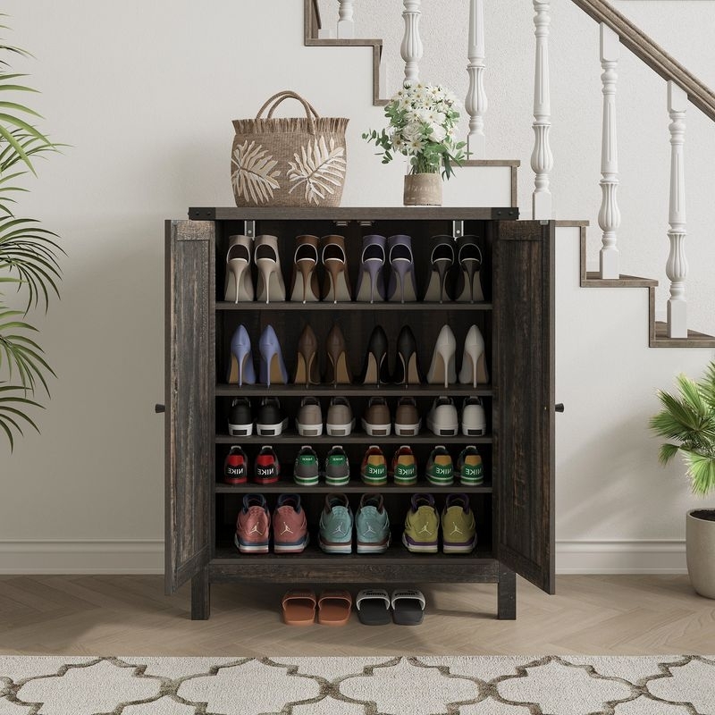 Shoe Cabinet Dark Rustic Oak Weathered Finish Double Doors