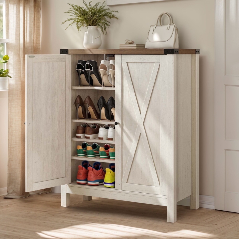 Shoe Cabinet Farmhouse X Brace Barn Doors Whitewashed Rustic Storage