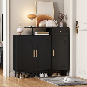 Shoe Cabinet Matte Black Arched Panels Tiered Top Slim Gold Hardware