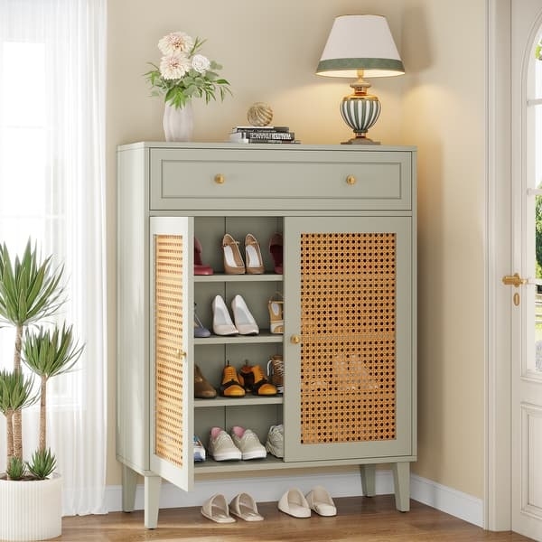 Shoe Cabinet Mint Green Rattan Cane Webbing Doors Top Drawer Boho