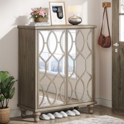 Shoe Cabinet Mirrored Doors Oval Lattice Overlay Bun Feet