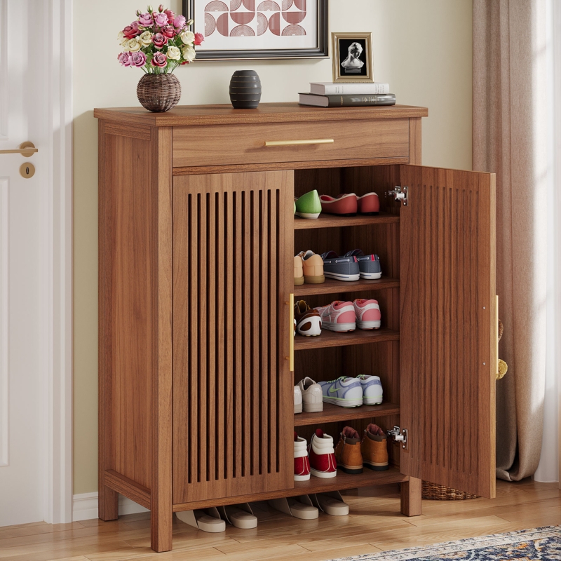 Shoe Cabinet Slatted Front Top Drawer Gold Hardware Transitional