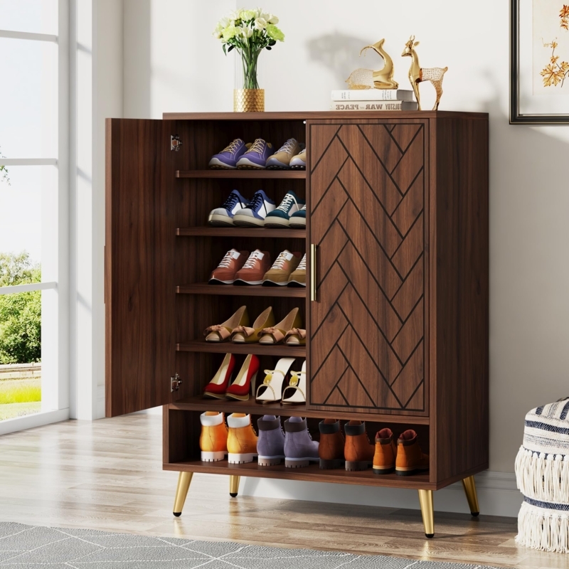 Shoe Cabinet Walnut Herringbone Pattern Tapered Gold Legs Mid Century