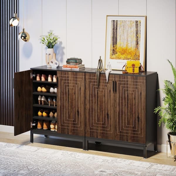 Shoe Cabinet Walnut Rectangular Detailing Matte Black Frame Four Doors