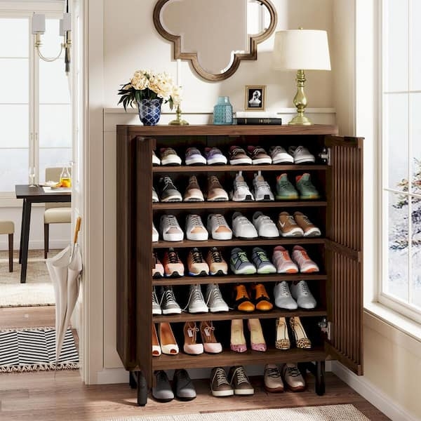 Shoe Cabinet Walnut Slatted Doors Louvered Front Tapered Metal Legs