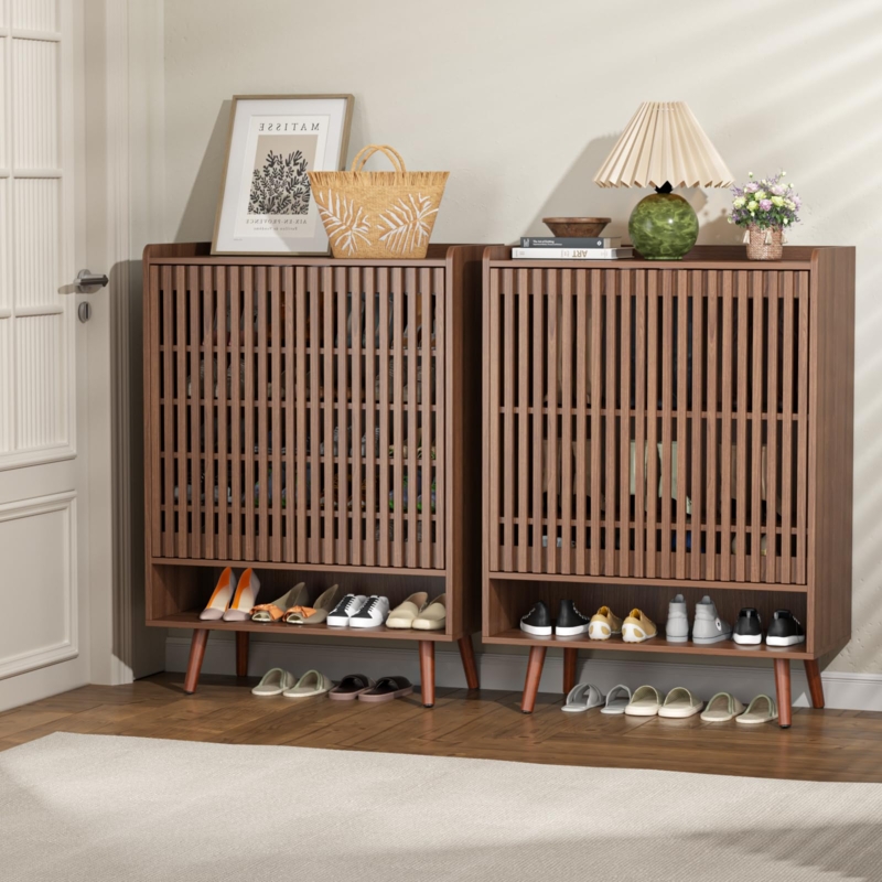 Shoe Cabinet Walnut Slatted Doors Ventilated Design Open Bottom