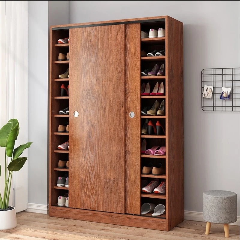 Shoe Cabinet Walnut Sliding Doors Side Open Shelves Recessed Pulls