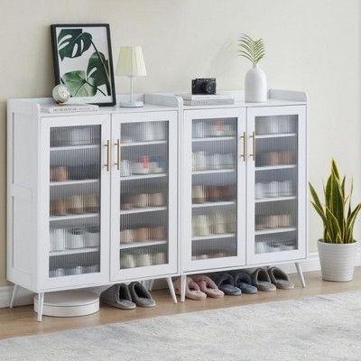 Shoe Cabinet White Fluted Glass Doors Tapered Legs Gold Hardware
