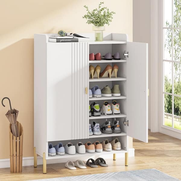 Shoe Cabinet White Fluted Paneling Gold Tapered Legs Handles