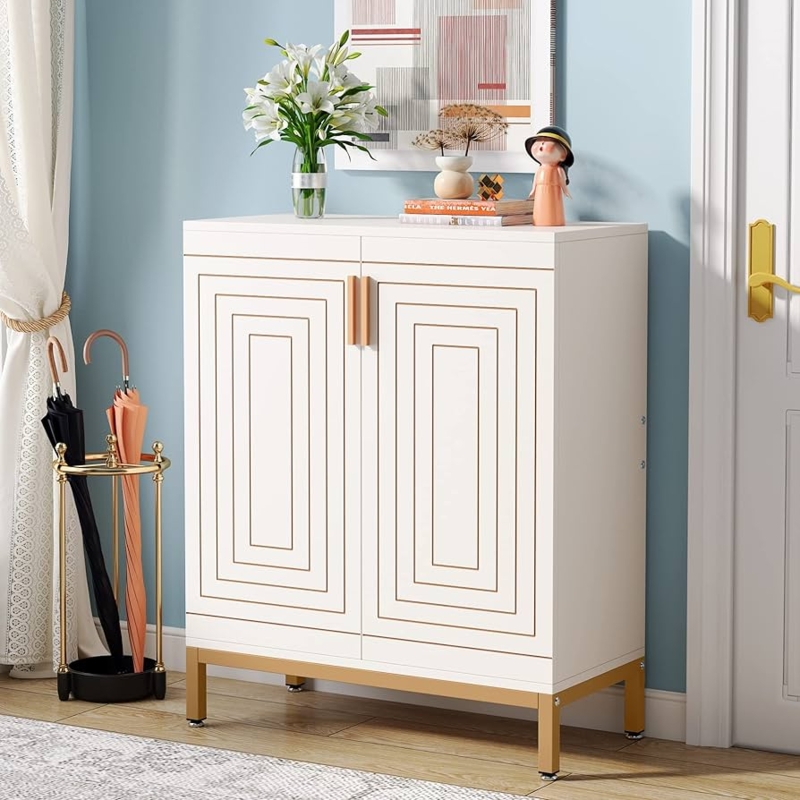 Shoe Cabinet White Gold Geometric Inlay Elevated Base Modern Glam