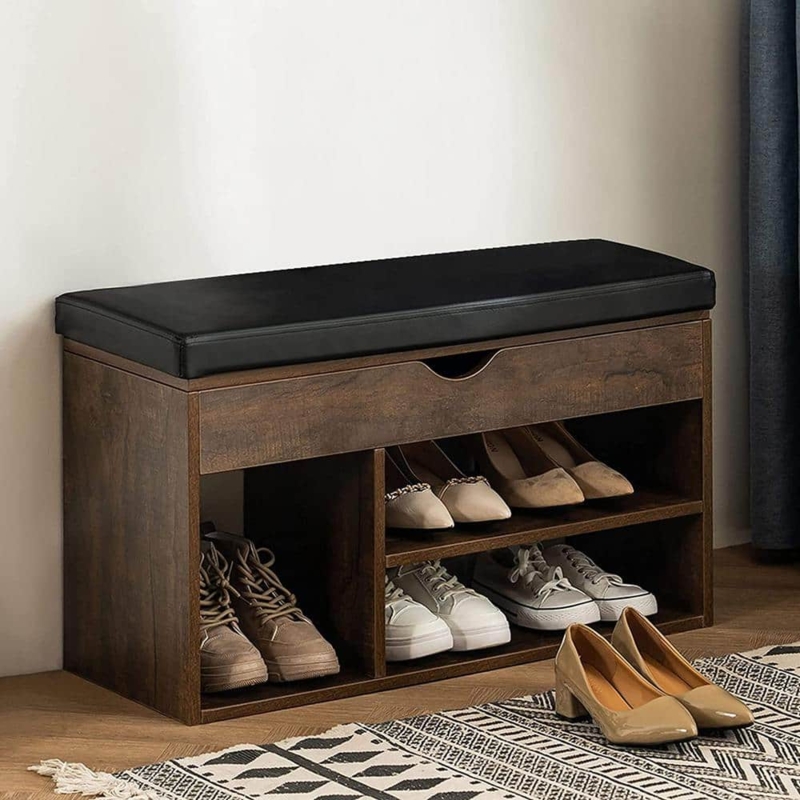 Shoe Rack Bench Walnut Wood Notch Handle Tall Boot Cubby Mudroom Storage