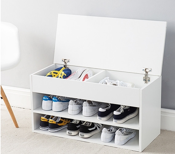 Shoe Rack Bench White Hinged Lid Hidden Storage Minimalist Entryway