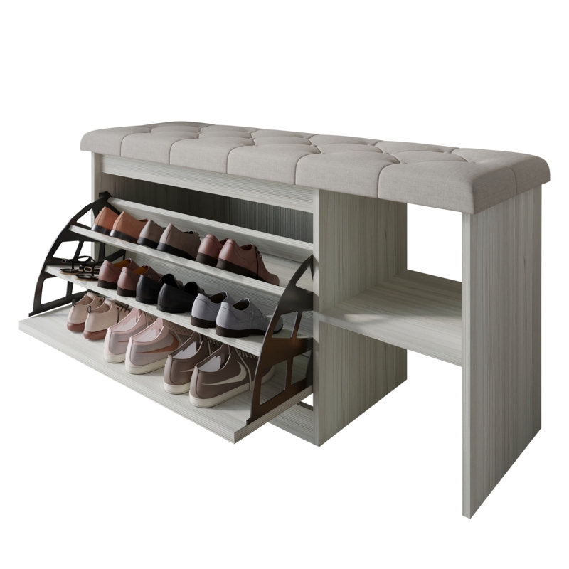 Shoe Storage Bench Light Grey Flip Drawer Tufted Seat Mudroom Seating